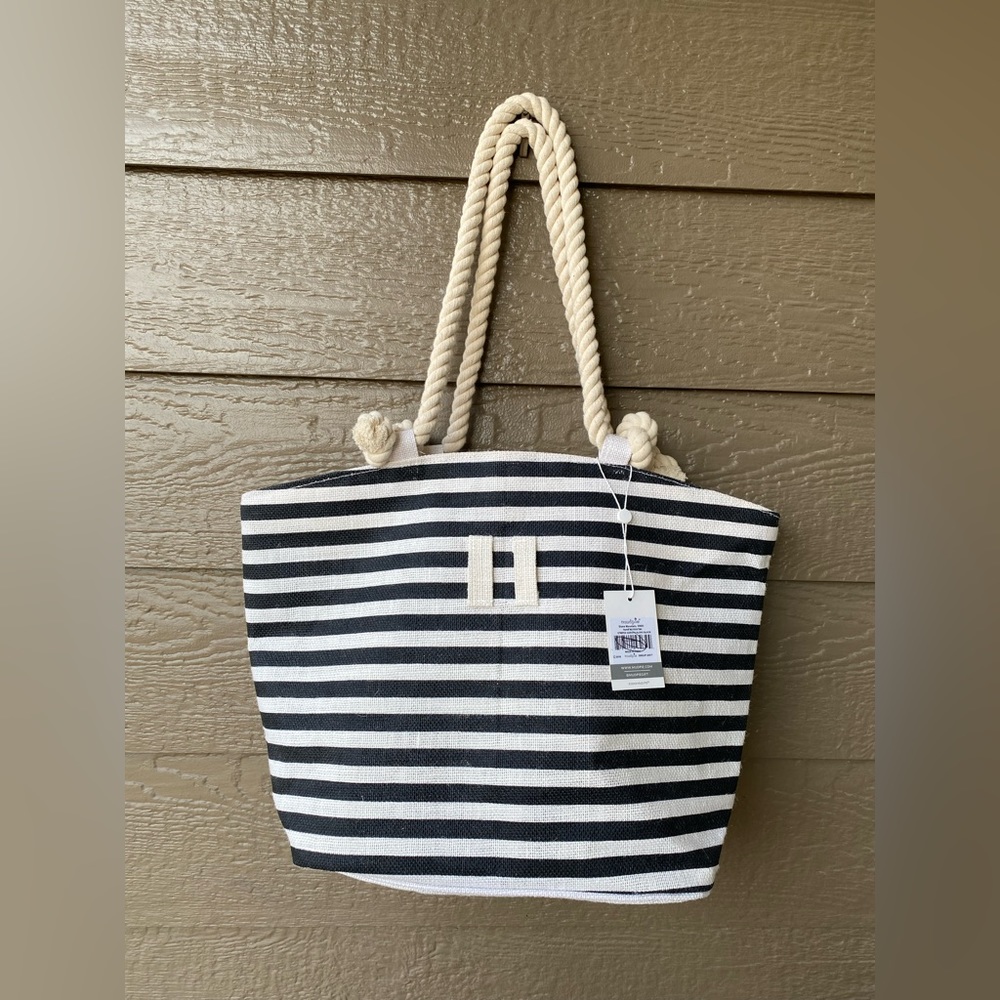 MUD PIE | Sarong Along Black Stripe Jute Tote Bag Rope Handle NWT